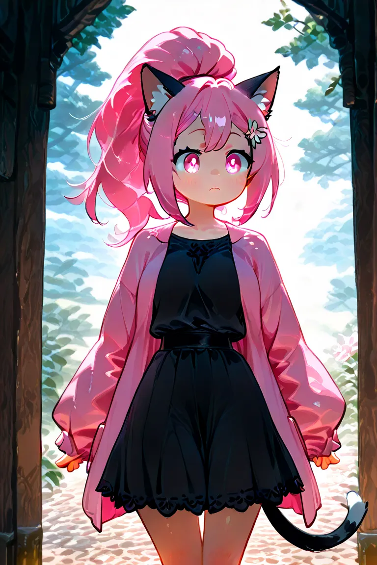 Female, long white and pink hair tied in a long ponytail, pink eyes, and a white flower hairclip in her hair wearing a deep pink coat over a black shirt and a black skirt. Pink cat ears and tail.