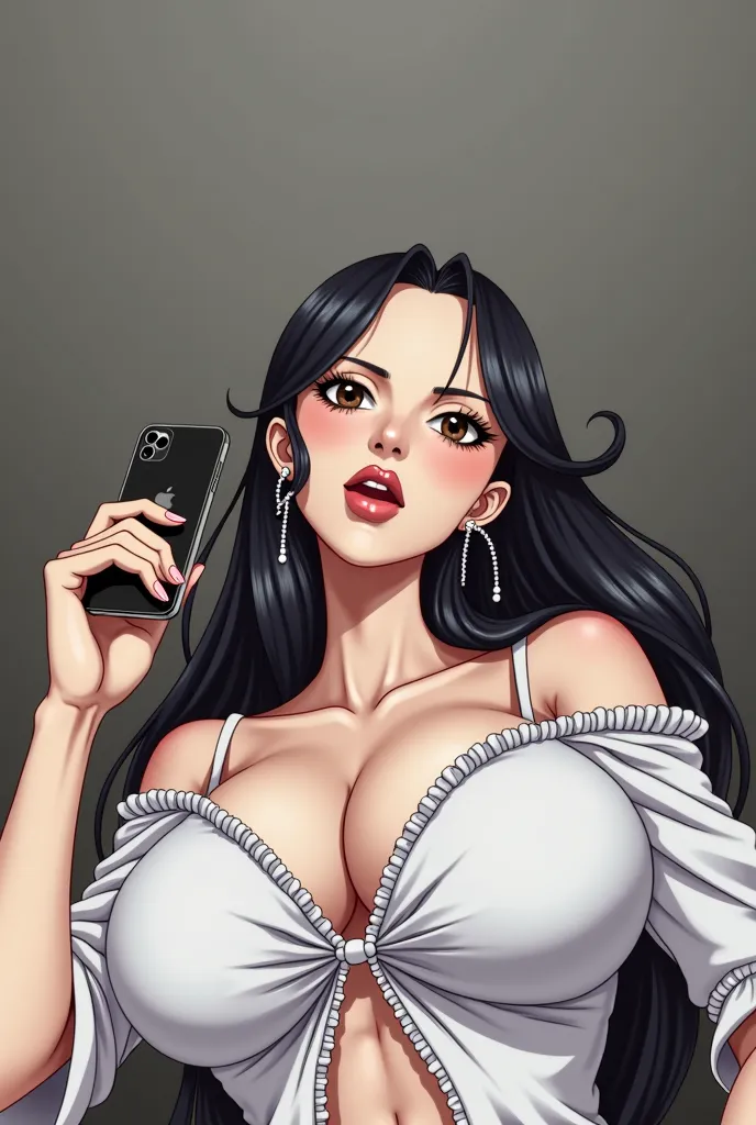 girl with long black hair (Nico robin/one piece), large breasts, taking a selfie,(best quality,4k,8k,highres,masterpiece:1.2),ultra-detailed,(realistic,photorealistic,photo-realistic:1.37), seductive pose, natural lighting, 