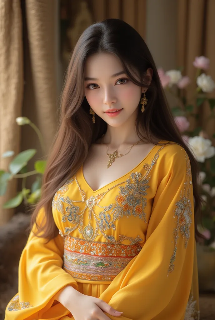 A beautiful Thai girl wearing a vibrant yellow traditional embroidered crop top adorned with intricate floral and geometric designs, mirror work, and pearl embellishments. She has a radiant smile, long flowing dark hair, and sparkling eyes. The scene is so...