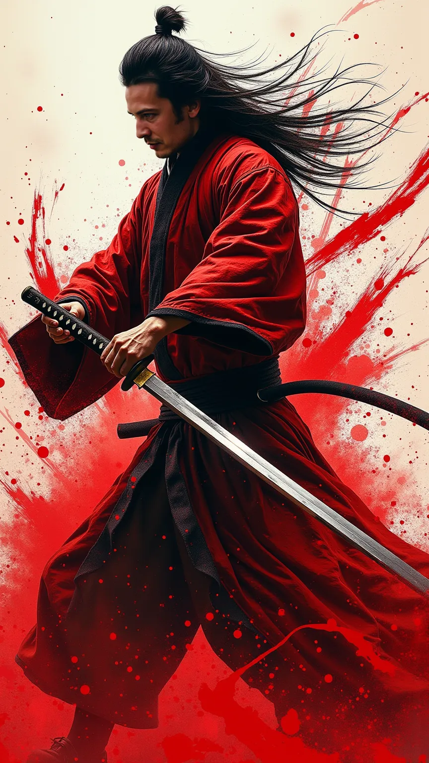 A dynamic and expressive Akira Kurosawa style photograph of a man wielding a sword. The man is dressed in traditional samurai clothing with long hair. The scene captures the motion of the sword with bold blood red brushstrokes, creating a dramatic effect. ...