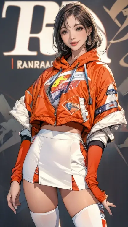 "(masterpiece:1.2, Highest quality), (realistic, photorealistic:1.4), 8k, wallpaper, 1 female, Mature Woman, 20 years old, supper beauty female, highlight on eyes, ((Race Queen)), (((Background Blur))), (((race queen costume:1.3))), ((Costume is Ferrari F1...