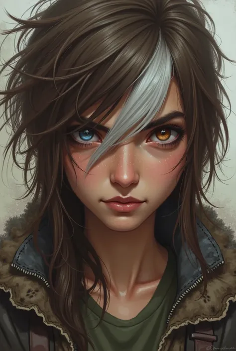 Girl, young adult, realistic, different colored eyes - blue eye and brown eye, big white natural streak of hair on the front of her face, looks fierce and determined, messy long brown hair with choppy hairstyle with layers, smirk on face