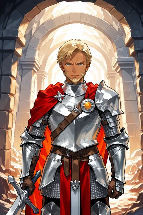 Human, male, tanned skin, well kept blonde hair, beard,mwell toned body, grey eyes, (wearing silver plate armor, orange sun emblem on chest plate), chainmail, red cape, grey breeches, holding a silver longsword, standing outside a cave entrance,(determine...