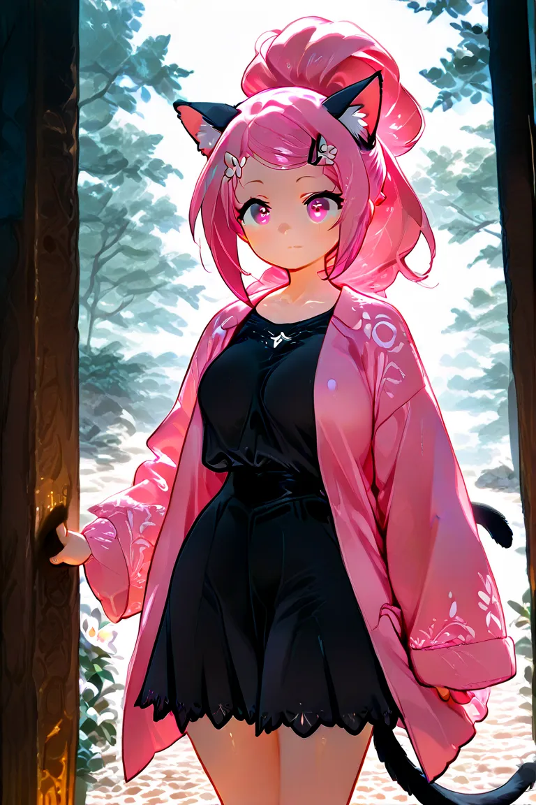 Female, long white and pink hair tied in a long ponytail, pink eyes, and a white flower hairclip in her hair wearing a deep pink coat over a black shirt and a black skirt. Pink cat ears and tail.