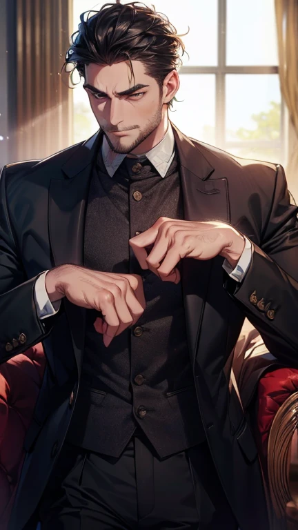 ( Idiot ,4K,8k,    highres,  masterpiece:1.2),  breasts,(Realistic,photoRealistic,photo-Realistic:1.37),36-year-old man,3 day beard,cute anime ,Portraits,strong,masculine,    dark hair,sharp jaw,        mesmerizing eyes        ,    perfectly combed hair,  ...