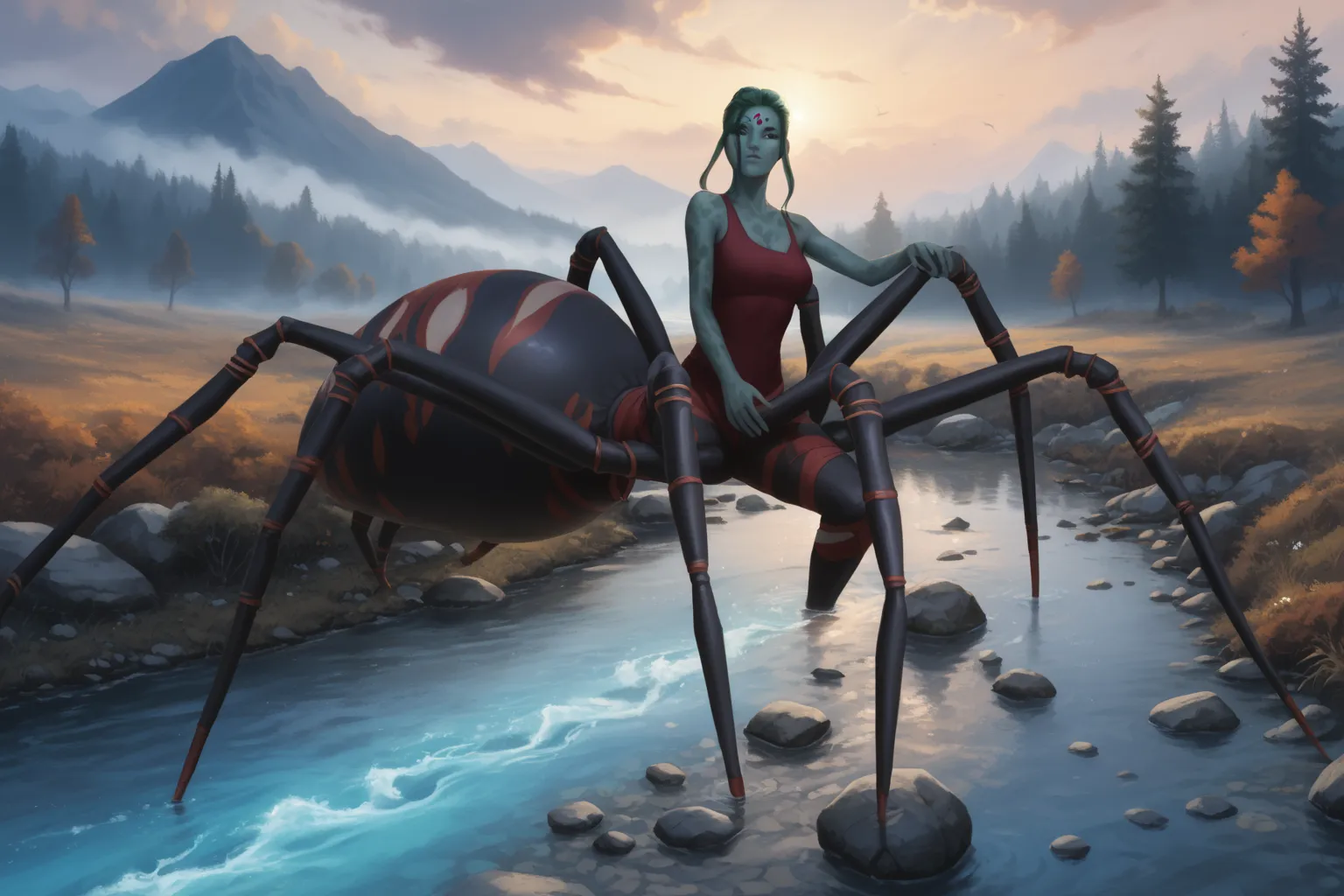 Arachne on the river.  extra eyes . green eyes.