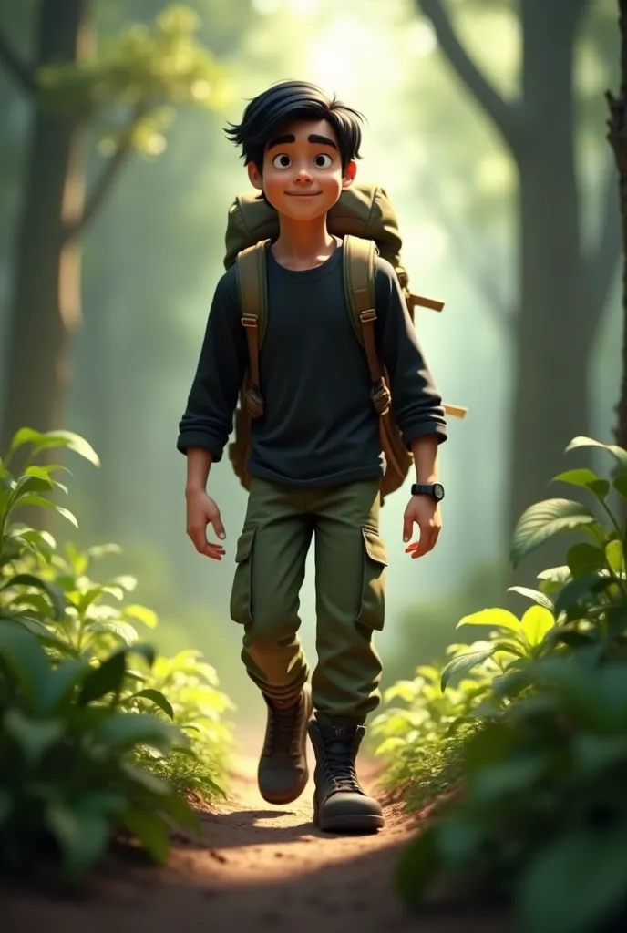 **Character Presentation:**  
- **Name:** Arif  
- **Gender:** Male  
- **Age:** Early 20s  
- **Appearance:** Black hair, medium length, with an animated and hopeful facial expression. Wearing adventure gear (long-sleeved black shirt, green cargo pants, b...