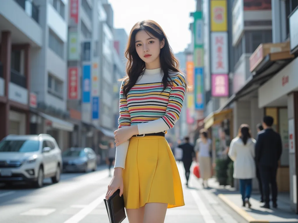 a  girl;  wavy dark brown hair ; blue eyes; fair skin; A colorful striped shirt; yellow skirt; white and black striped socks; black boots; walking on the streets of Tokyo holding a black book with a rose cover