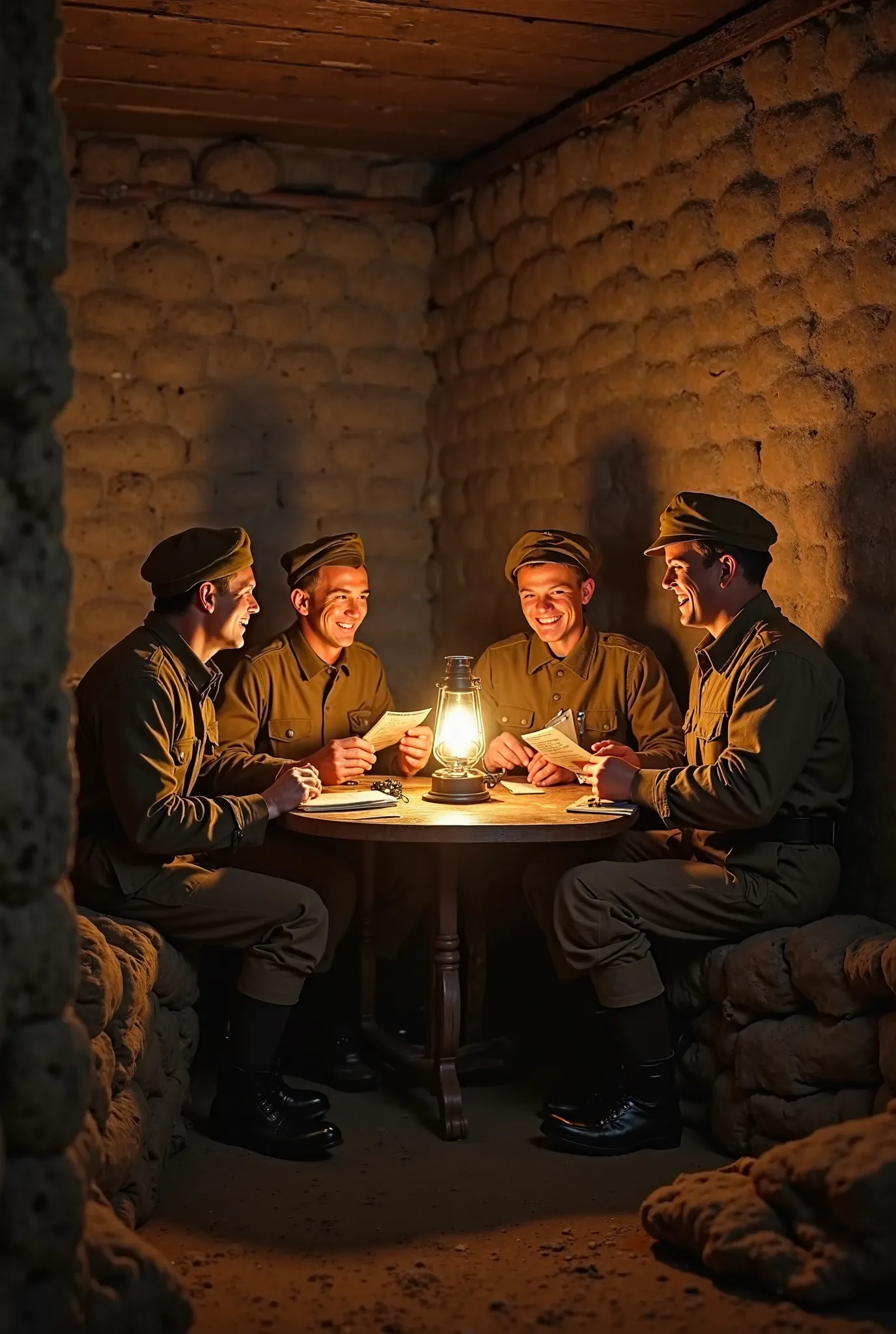 "Create a warm and humane scene set in a shelter protected during World War I, capturing a moment of camaraderie in the midst of war. Show four soldiers in historic uniforms, some with caps and others without helmets, seated around a small wooden table ill...