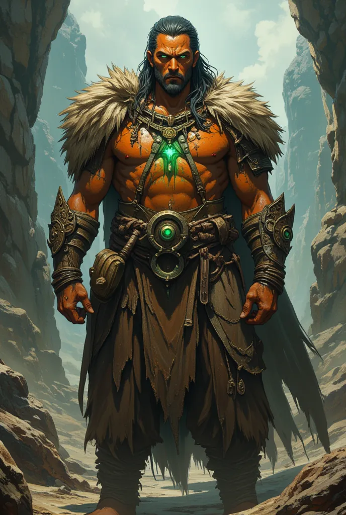 illustrate a male shaman, wearing fur armor. He has dark orange skin and glowing green eyes. The fur is dirty red and caked with mud.