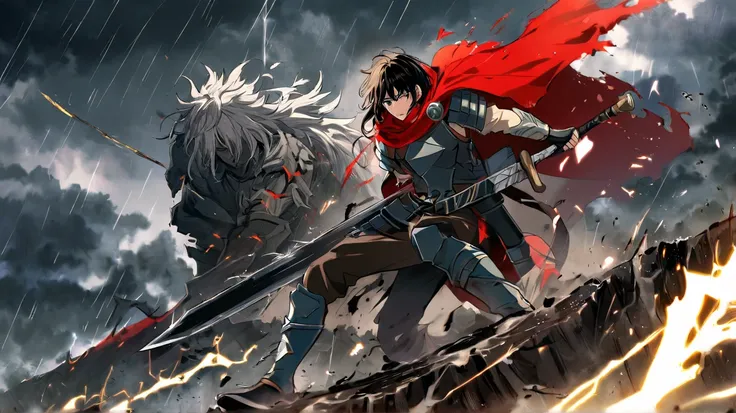 Create an anime-style scene of a lone warrior collapsing onto a stormy cliff at night, seen from a low angle to emphasize vulnerability. I have short, messy black hair plastered with rain, wearing tattered armor with a shredded red cape fluttering chaotica...