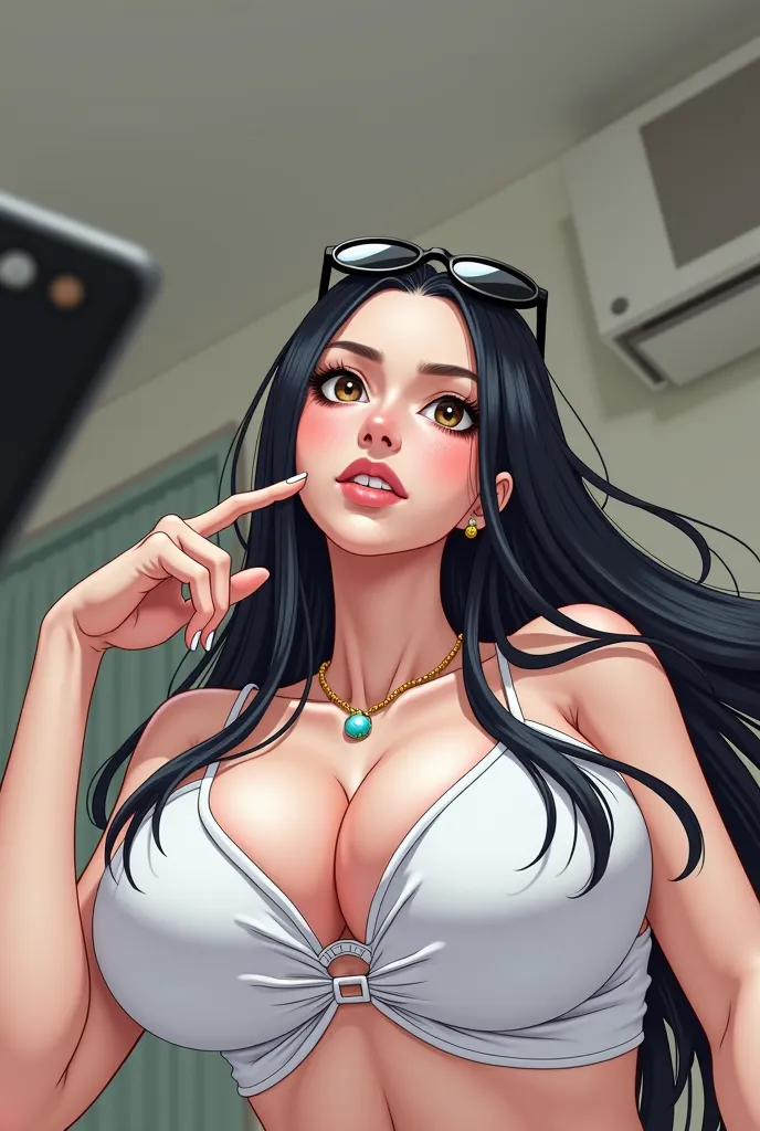 girl with long black hair (Nico robin/one piece), large breasts, taking a selfie use ultrawide lens,(best quality,4k,8k,highres,masterpiece:1.2),ultra-detailed,(realistic,photorealistic,photo-realistic:1.37), seductive pose, natural lighting, black sunglas...