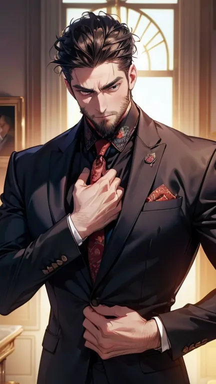 ( Idiot ,4K,8k,    highres,  masterpiece:1.2),  breasts,(Realistic,photoRealistic,photo-Realistic:1.37),36-year-old man,3 day beard,cute anime ,Portraits,strong,masculine,    dark hair,sharp jaw,        mesmerizing eyes        ,    perfectly combed hair,  ...