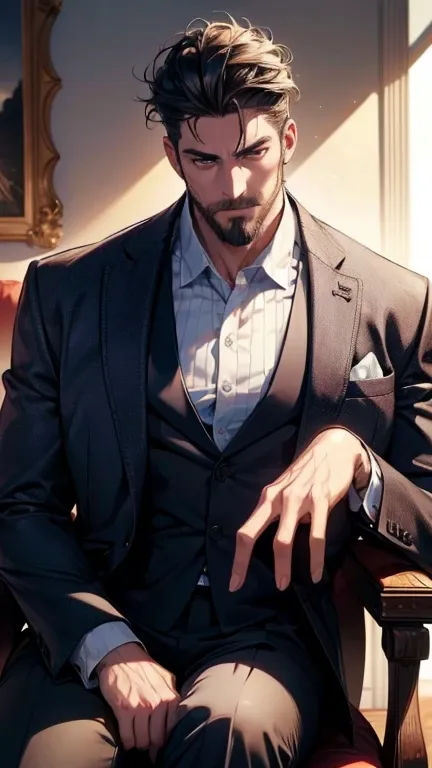 ( Idiot ,4K,8k,    highres,  masterpiece:1.2),  breasts,(Realistic,photoRealistic,photo-Realistic:1.37),36-year-old man,3 day beard,cute anime ,Portraits,strong,masculine,    dark hair,sharp jaw,        mesmerizing eyes        ,    perfectly combed hair,  ...