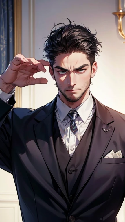 ( Idiot ,4K,8k,    highres,  masterpiece:1.2),  breasts,(Realistic,photoRealistic,photo-Realistic:1.37),36-year-old man,3 day beard,cute anime ,Portraits,strong,masculine,    dark hair,sharp jaw,        mesmerizing eyes        ,    perfectly combed hair,  ...