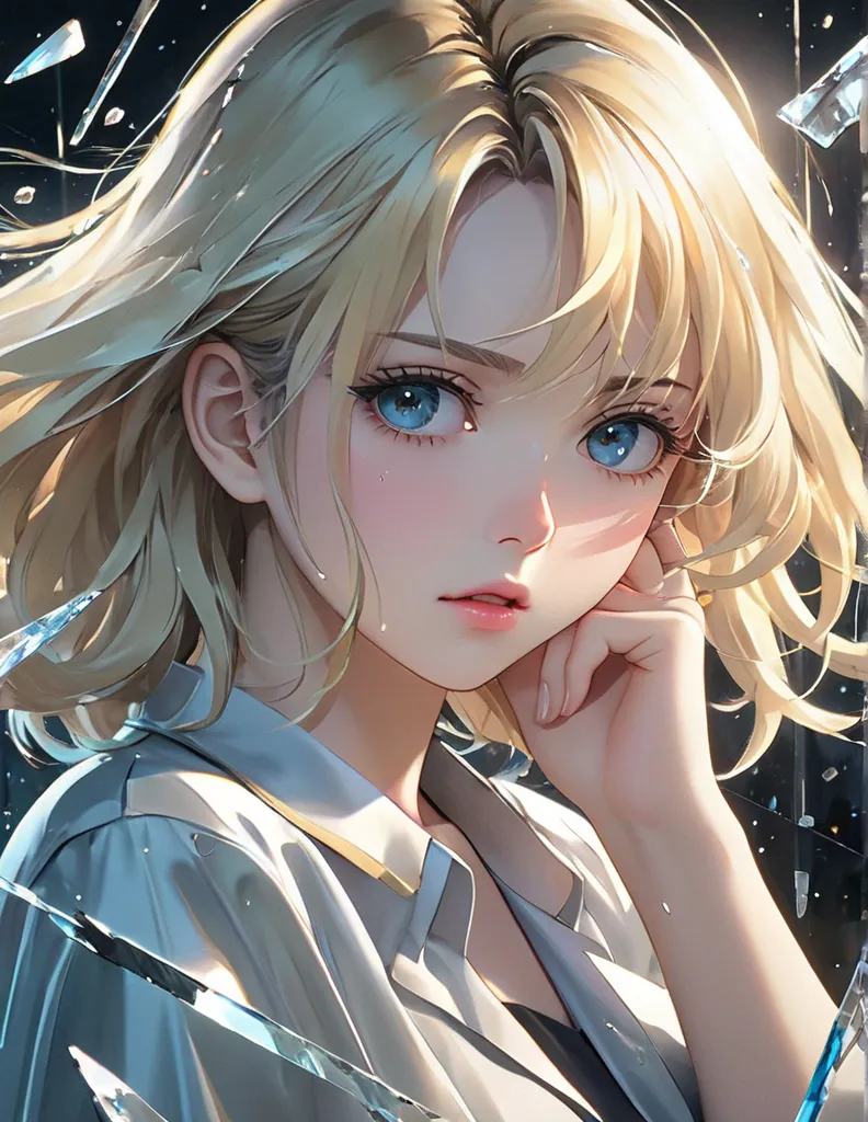 ( anime style:1.4),超Hi-Res,  Attention to Details , high quality, Hi-Res, 最high quality, 4K, 8k,posters、 artwork、 famous artist's work 、stylish and cool piece、 Girl Reflected in Broken Glass 、front view、face、please put your right hand on your cheek、sad exp...