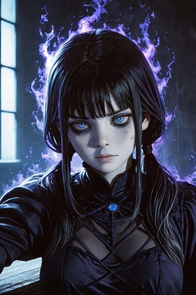 pale skin, long black hair tied in twin tails, cold blue eyes, dark dress, dirty white cloves, dark bags under her eyes, necromancer, dark room, night, detailed portrait of a necromancer, dark and mysterious, cold expression, sinister vibe, 4k, ultra-detai...