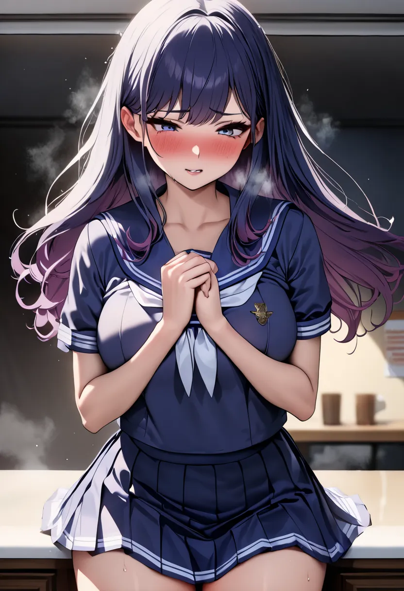 top quality, masterpiece, Hi-Res, 8k, (1 girl), Alone, sexy, (cowboy shot), ( sailor uniform), black semi-long hair, high school girl,  troubled face, Place your hands on your crotch, ((( toro face))), Beautiful breasts, navy blue mini skirt, ((( trembles ...