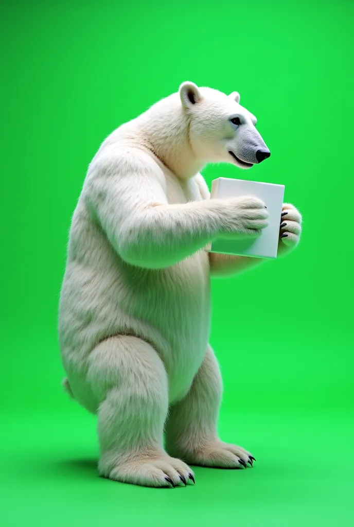 Adult polar bear image standing in profile holding a 3D box green chroma background