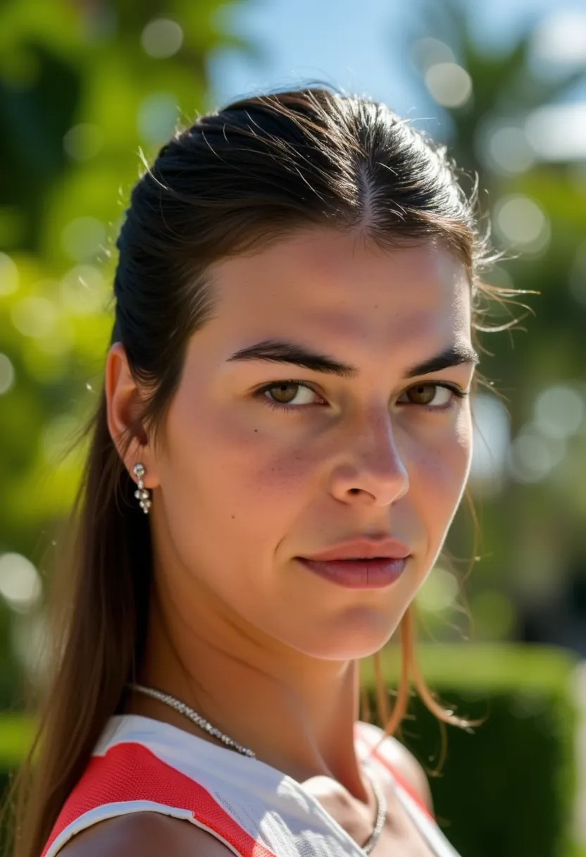 (masterpiece, best quality:1.2), Ajla Tomljanovic, detailed portrait of Ajla Tomljanovic, beautiful woman with captivating facial features, elegant pose, serene expression, intricate hairstyle, delicate jewelry, exquisite dress, lush garden background, war...