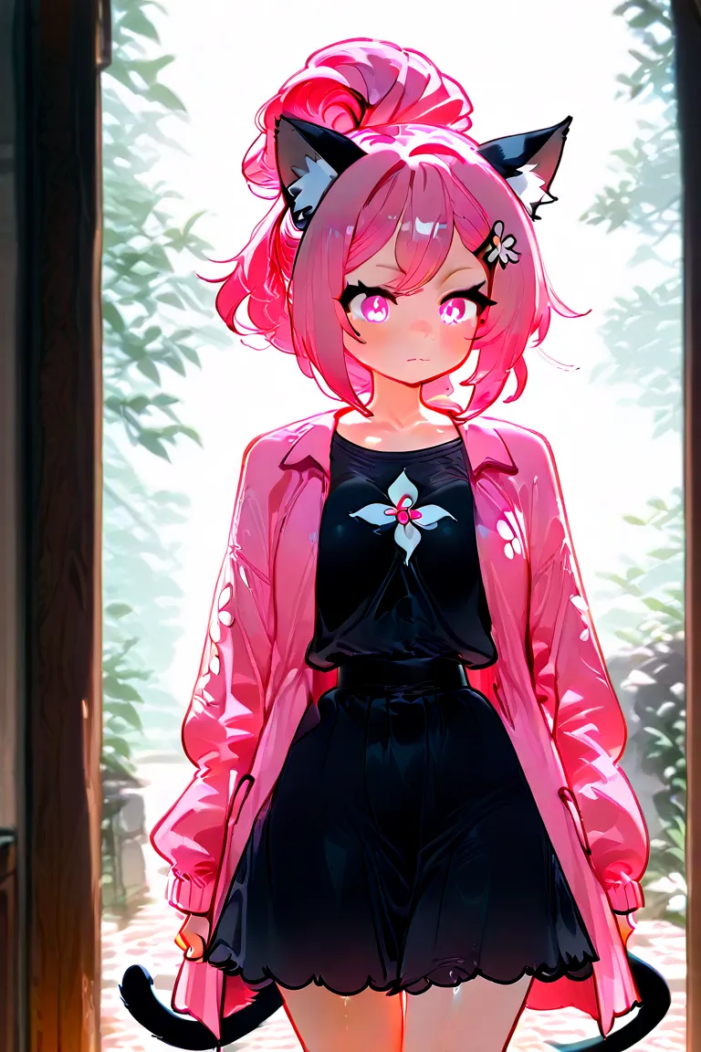 Female, long white and pink hair tied in a long ponytail, pink eyes, and a white flower hairclip in her hair wearing a deep pink coat over a black shirt and a black skirt. Pink cat ears and tail.