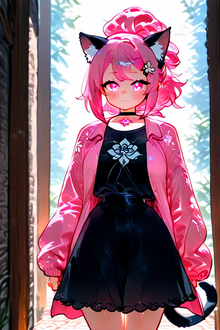 Female, long white and pink hair tied in a long ponytail, pink eyes, and a white flower hairclip in her hair wearing a deep pink coat over a black shirt and a black skirt. Pink cat ears and tail.