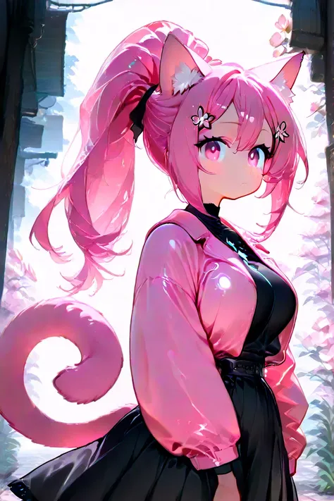 Female, long white and pink hair tied in a long ponytail, pink eyes, and a white flower hairclip in her hair wearing a deep pink coat over a black shirt and a black skirt. Pink cat ears and tail.