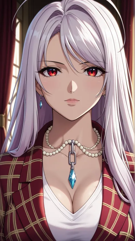 vampire moka akashiya, long hair, red eyes, ahoge, white hair, large breasts, White sweater, Long sleeve, Black skirt, plaid skirts, 1 diamond necklace