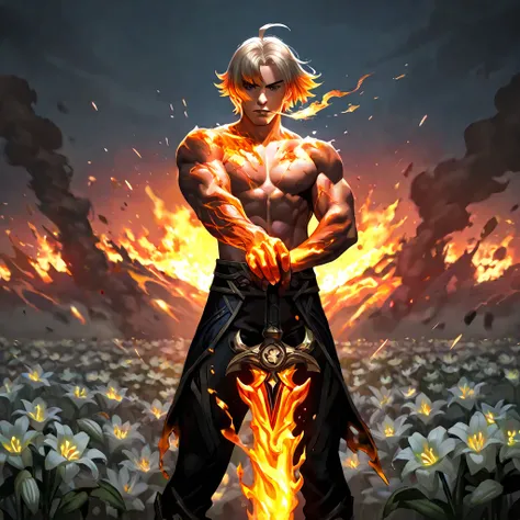 1man, male focus, bangs, breathing fire, burning, burnt clothes, embers, ahoge, beige hair, multicolored hair, fire, flame, flaming sword, (hand on hilt), standing, short hair, muscular, male, pyrokinesis, expressionless, smoke, flower(symbol), solo, spark...