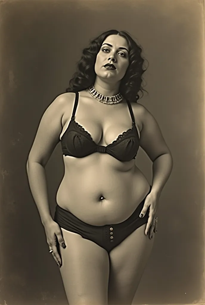 
Early 1900s vintage photograph of the alluring fat  busty chubby-bellied “Mata Hari” wearing bra and bare midriff holds her arms above her head, swaying her wide gyrating hips voluptuous fleshy  undulating belly and deep sensuous navel without jewelry

