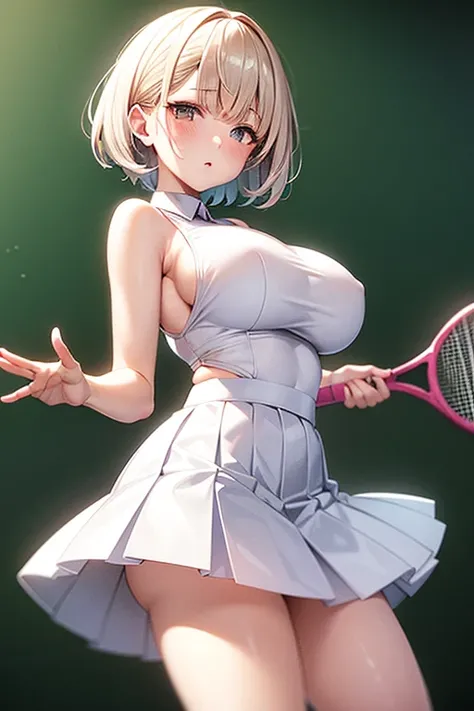 White Super Micro Mini Pleated Skirt、short hair、Big Breasts、blush、Poses waving a tennis racket、tennis court、The white sleeveless shirt is sheer through、white high socks、can see the inside of the skirt、Gal type、pink string panties、 Gold、The face is looking ...