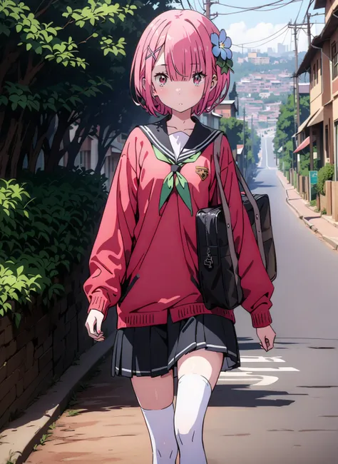 Ram, hair flower, hair ornaments close to the garden, hair that hangs over one eye, pink hair, red eyes,  short hair, x hair ornaments close to the garden,Black sailor suit, red cardigan , Long Sleeve, black mini pleated skirt ,white thigh high socks,loafe...