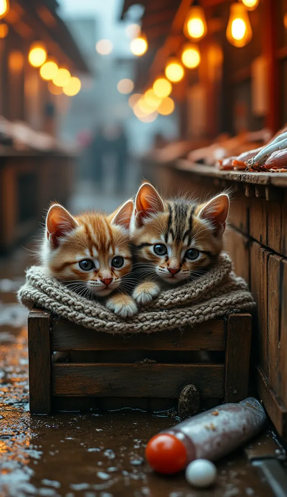 Two small kittens, wrapped in tattered blankets, sit on the ground of a rustic fish market. Their expressions convey slight sadness and hope. The environment is filled with wooden crates brimming with fresh fish, and the warm lighting of hanging bulbs crea...