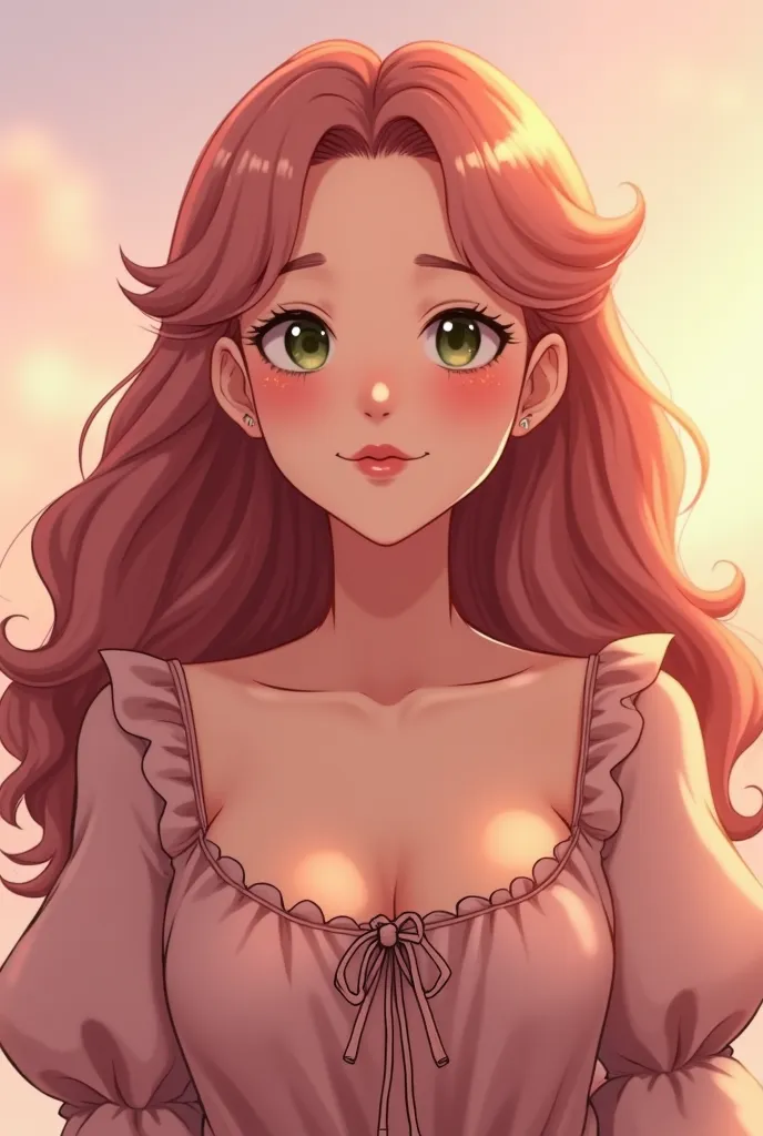 A portrait image of a age adult looking girl whit a round shaped face,green eyes and small round nose,long curly fluffy pink brownish hair,sun ksied skin and wearing a pink flowy vintage shirt on a sunset lighting on a realistic anime like style 