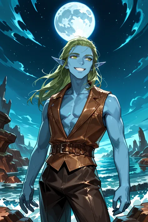 elf, solo, male, blue skin, pointed ears, green hair, bare chest, brown vest, black colonial trousers, leather belt, graceful, smiling, night scene,  on a rocky shore, full moon in sky, dungeons and dragons, fantasy art, close up, npcp