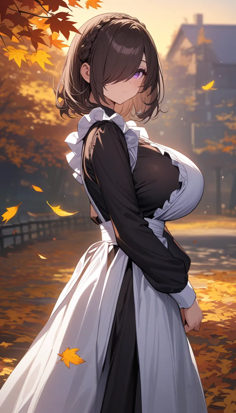 (masterpiece, Highest quality:1.2), (1girl), alone, ((medium hair)), ((dark brown hair)), (straight hair), ((hair over face)), (hair over one eye), (hair over right eye), (black maid dress), white apron, long sleeves, (purple eyes), (huge breast),((detaile...