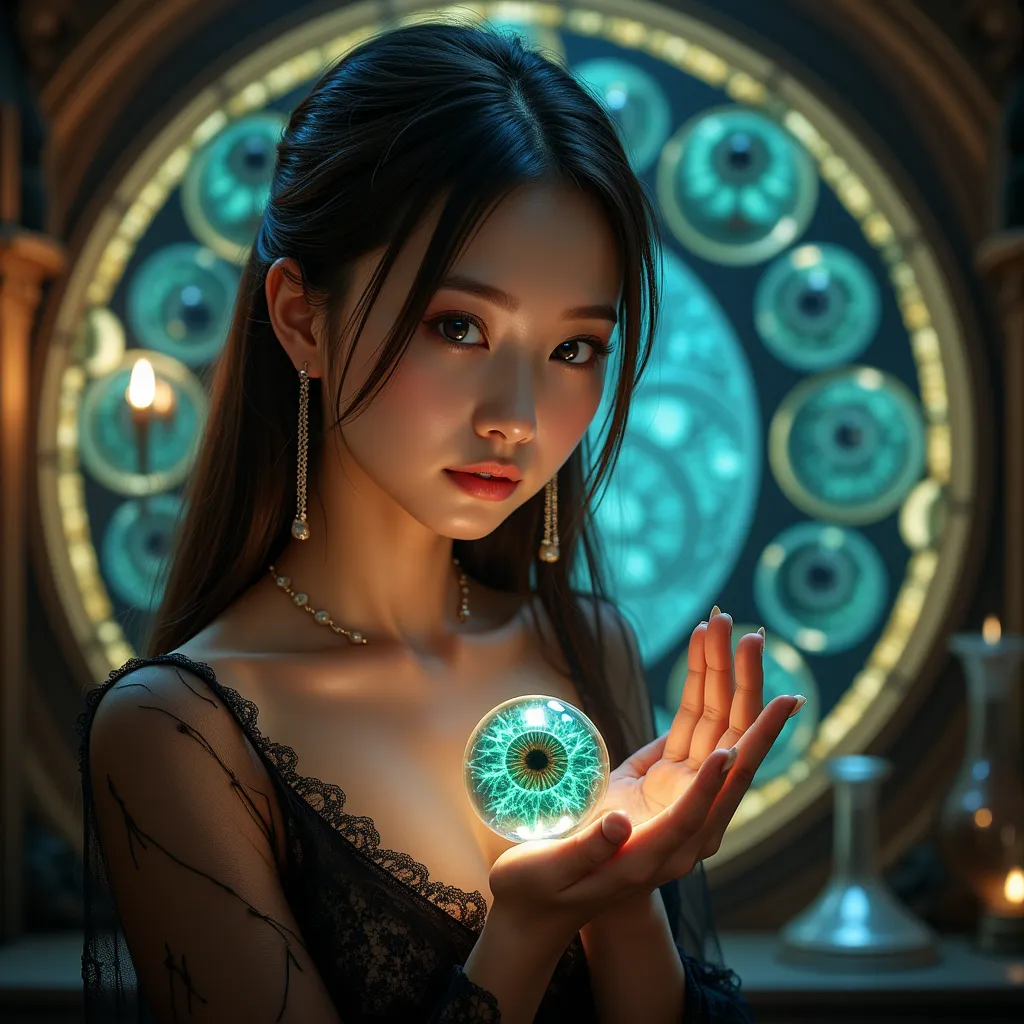 1 girl、Sexy Pretty Alchemist、holding super huge dragon eye jewels in the palm of your hands、fantasy realism {x} her eyes transformed into dragon eyes、huge tits、Super see-through dress、Ultra-detailed、realistic、Original photo、Hi-Res、masterpiece、8k、Vivid Colo...