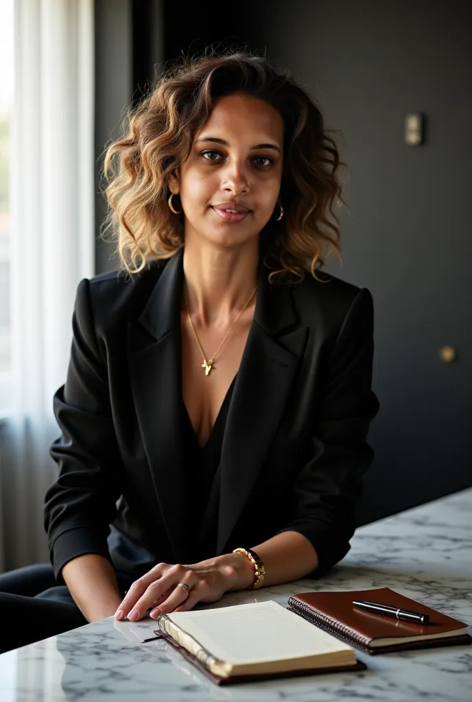 Realistic photograph of a woman
confident, with dark brown curly hair with blond reflections and skin
Moraine, sitting on a marble table
in a contemporary office. she
Wear a well-fitting black blazer, with
a black silk blouse and accessories
Discreet golds...