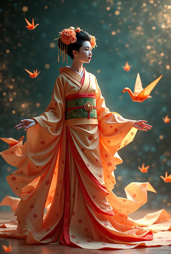 "A geisha entirely formed by folds of sacred paper, where each piece contains ancient symbols that shine slightly. Your kimono constantly transforms, folding into impossible new geometric shapes. The wind carries small tsurus and folded stars, creating a d...