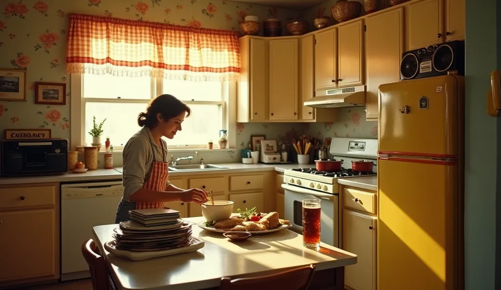 A cozy American 1980s kitchen bathed in warm afternoon sunlight streaming through a checkered-curtain window. The kitchen features pastel-colored cabinets, a retro yellow refrigerator, and a Formica countertop cluttered with ingredients and cooking utensil...