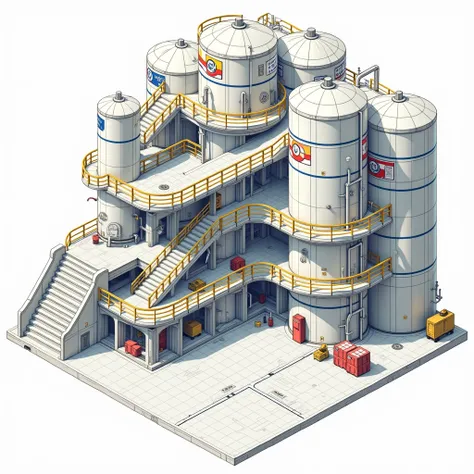 Create a detailed, isometric, hand-drawn-style scene of a futuristic industrial facility, rendered in a clean, white and gray color palette with subtle accents of red, blue, and yellow. The facility features a sprawling network of interconnected platforms,...