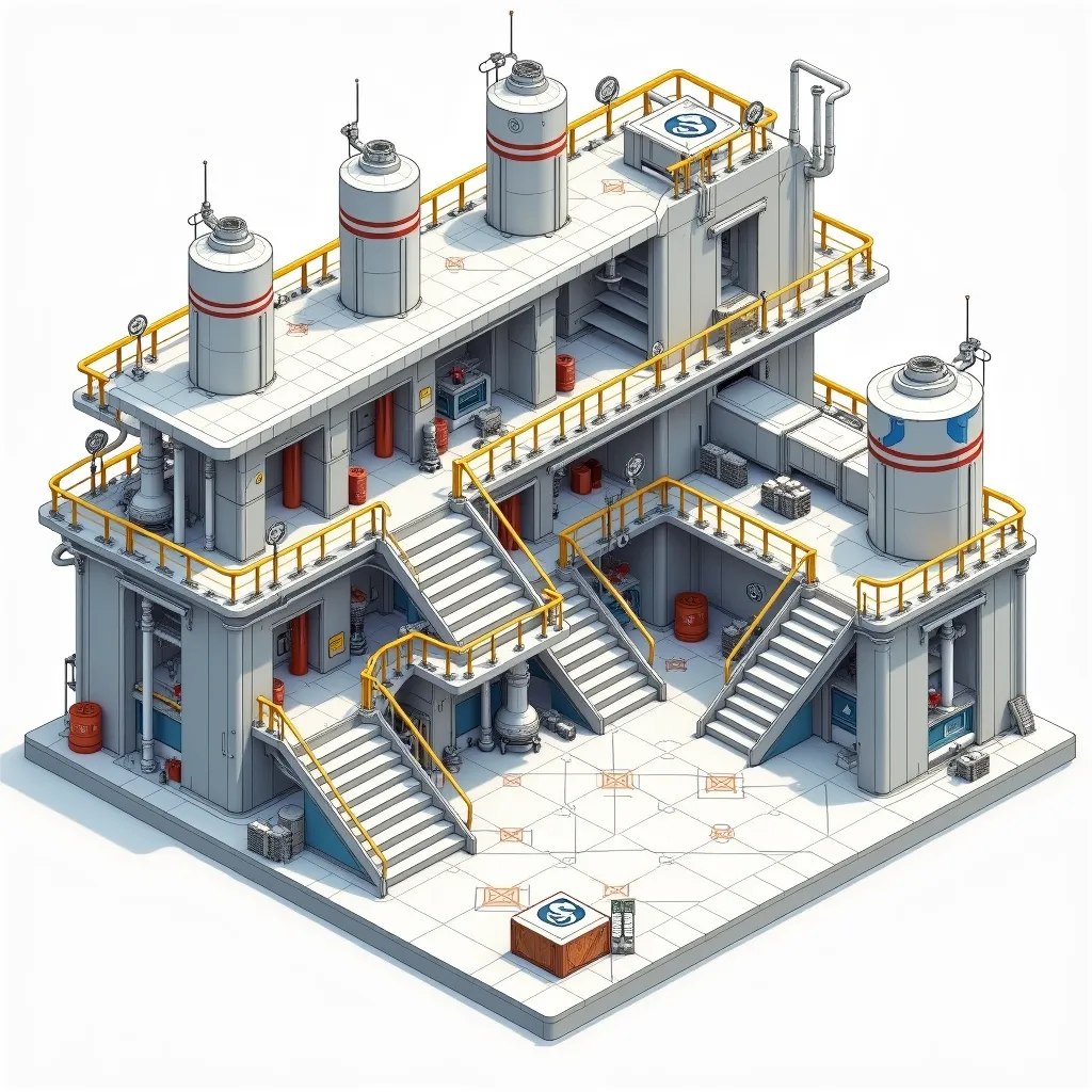 Create a detailed, isometric, hand-drawn-style scene of a futuristic industrial facility, rendered in a clean, white and gray color palette with subtle accents of red, blue, and yellow. The facility features a sprawling network of interconnected platforms,...