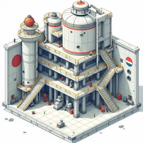 Create a detailed, isometric, hand-drawn-style scene of a futuristic industrial facility, rendered in a clean, white and gray color palette with subtle accents of red, blue, and yellow. The facility features a sprawling network of interconnected platforms,...