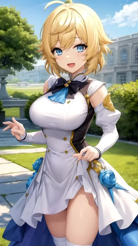 Masterpieces, Best Quality, girl, looking at viewer, Raymond Kirkland, Blonde hair, Blues Eyes, short hair, large breasts, Genshin Impact cosplay, princess Dress, standing, smile, open mouth, outdoors 