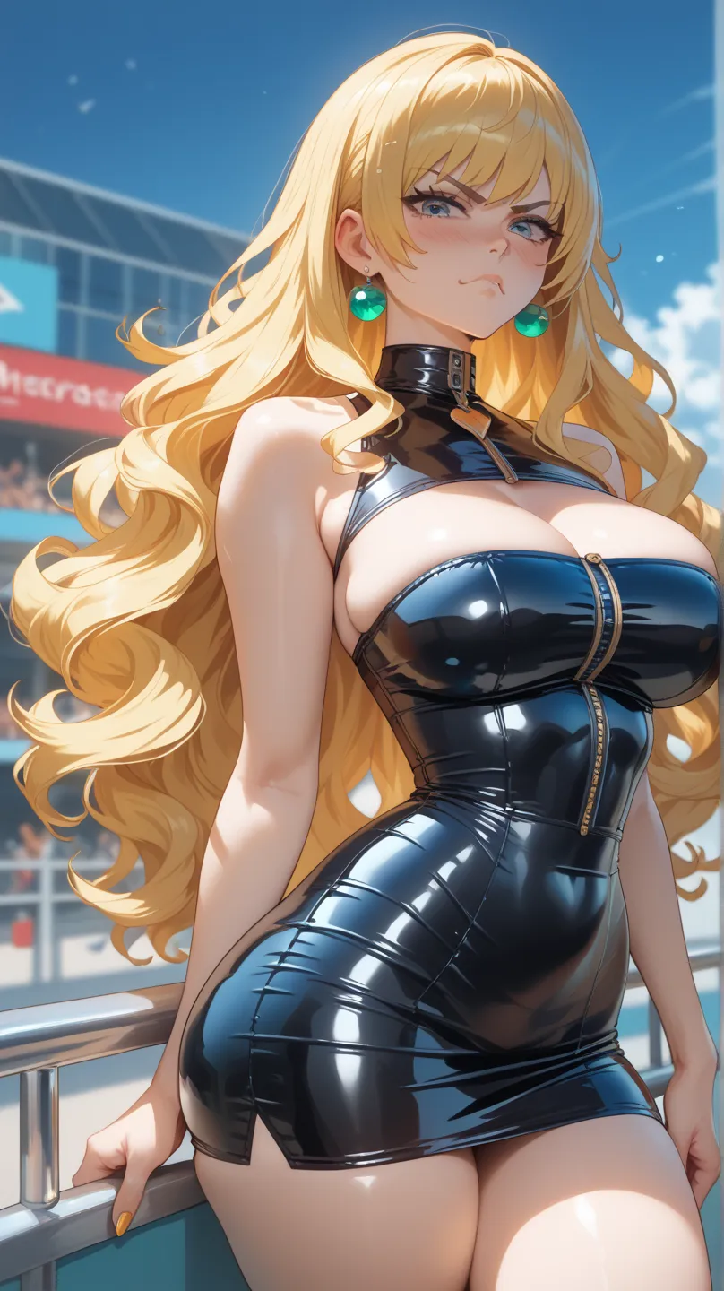 score_9, score_8_arriba, score_7_ 1,  a blonde girl( loose hair),  short dress( Made of latex color black), medias negras altas, big hips, Big Thighs, long hair,  breasts, blush, throw, big ass, big breast, perfect waist, High resolution, Seeing you with a...