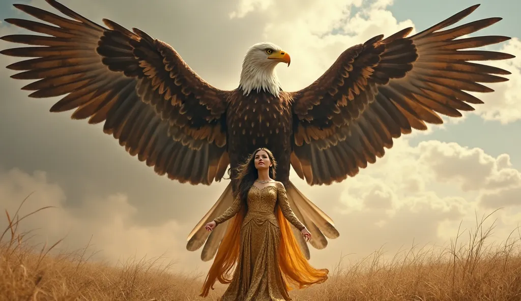 ULTRA-REALISTIC IMAGE of a colossal Two-Headed Eagle, its wings spread covering the sky, with a woman dressed in gold standing before her. Your eyes shine with the fusion of wisdom and material power, while a strong wind blows, symbolizing the force that u...