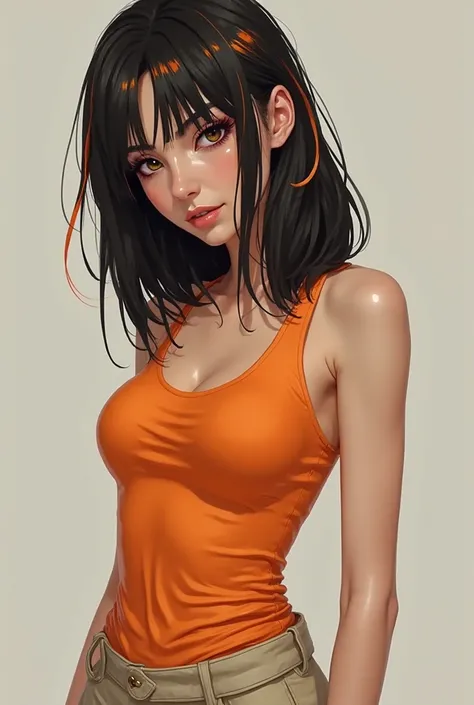 She must be a realistic woman with white skin and brown eyes must have straight shoulder-length hair in black and orange with orange reflections in her hair and wear an orange tank top and loose light beige cargo pants and black makeup on 