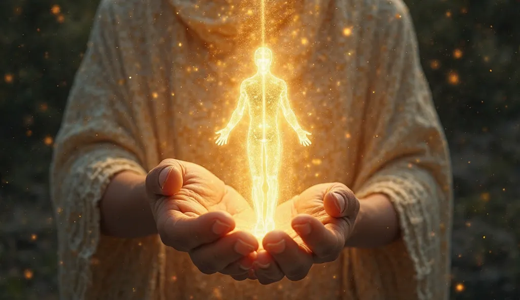 "A person undergoing deep spiritual transformation, with the letter M glowing brightly on their palm. A beam of golden, pure light is descending from above, passing through the person’s body, starting from the hand with the M. As the light passes through, ...