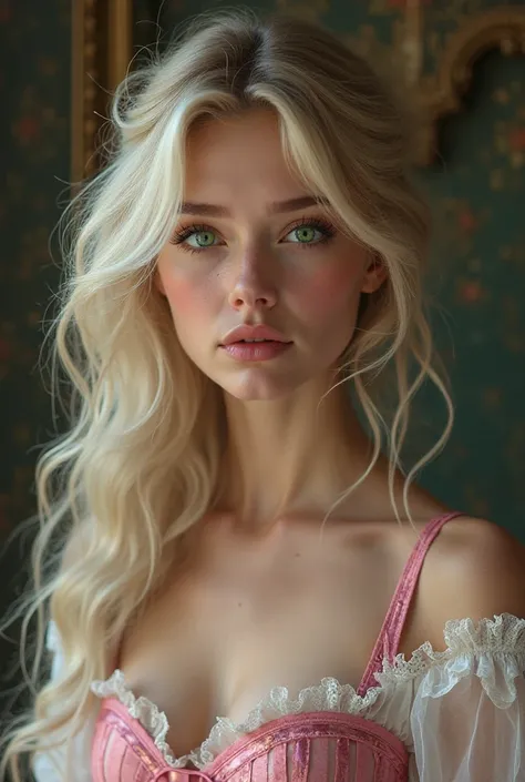 Girl, oval face, emerald green eyes, pink corset, blonde hair