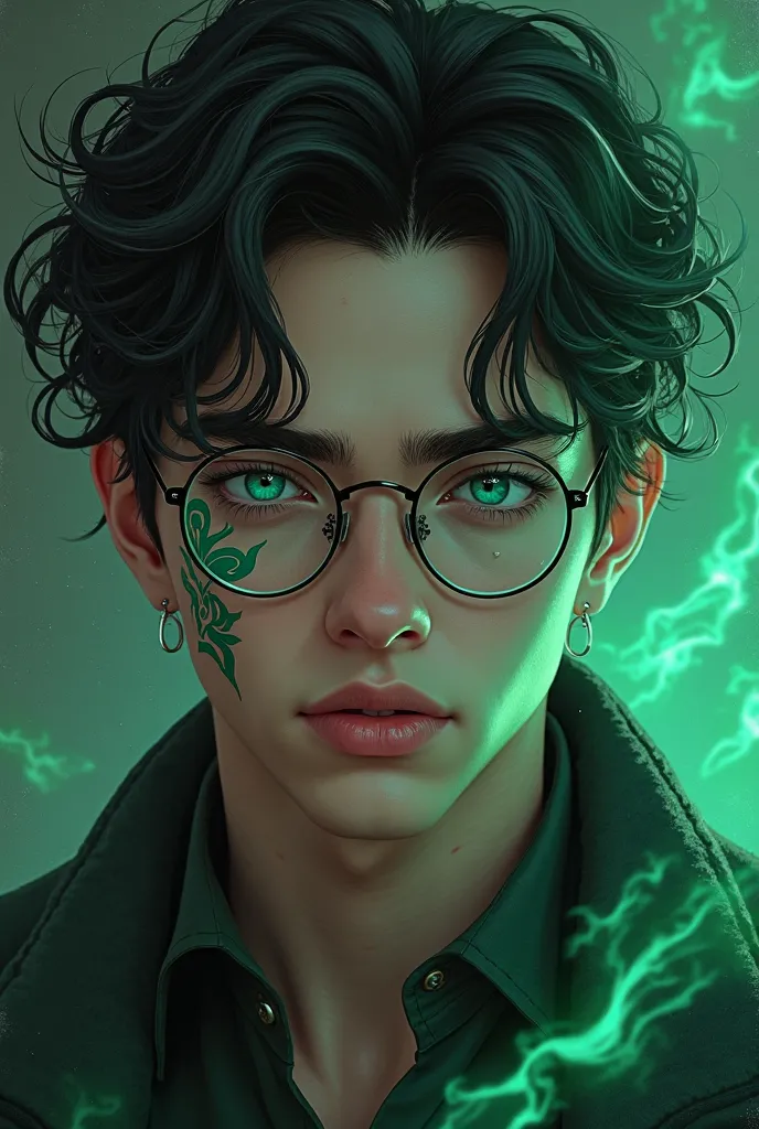 Headshot of a Caucasian mage in his early 20s with round glasses, handsome, blue eyes, bright green face tattoo, black hair